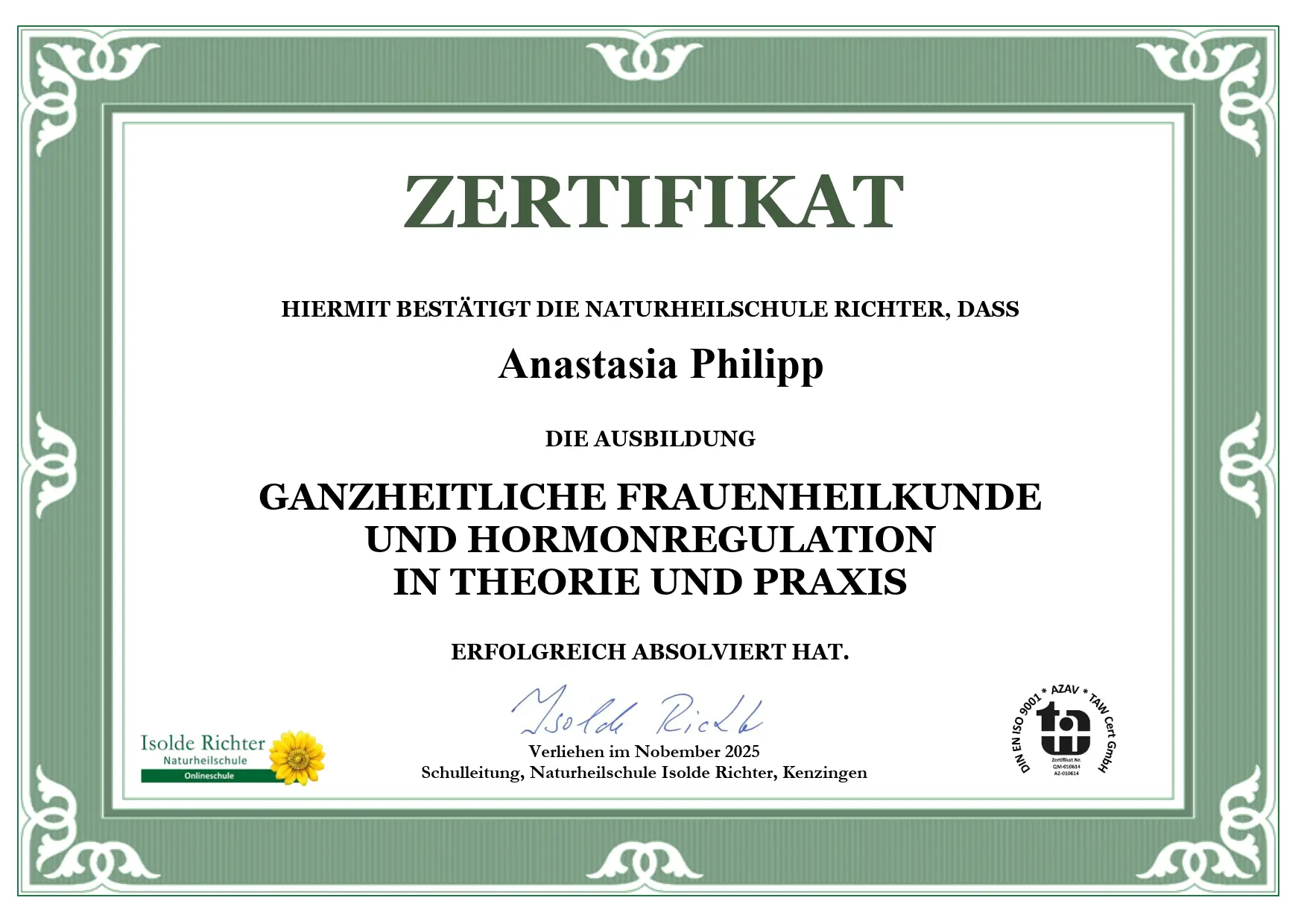 Zertifikat Ganzheitliche Frauenheilkunde und Hormonregulation